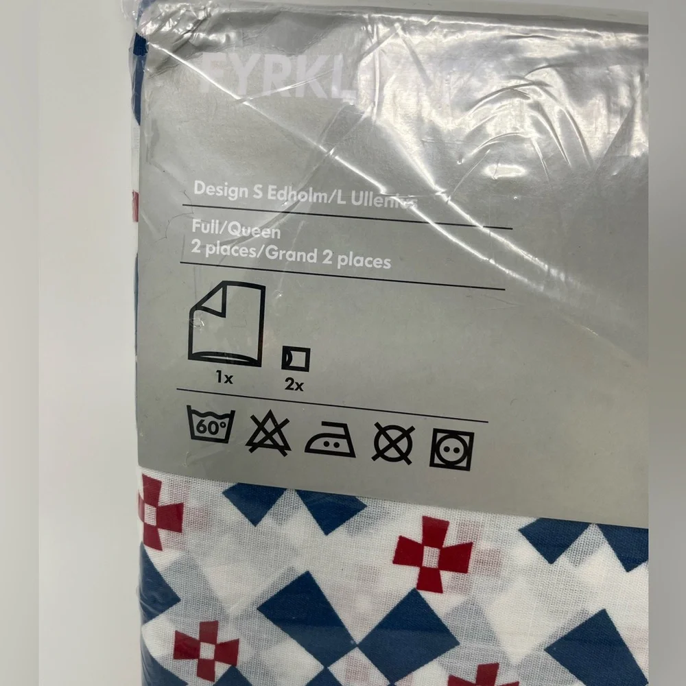IKEA FYRKLOVER Cotton Bed Cover Duvet Full Queen 2 Pillow Cases Red Blue NWT